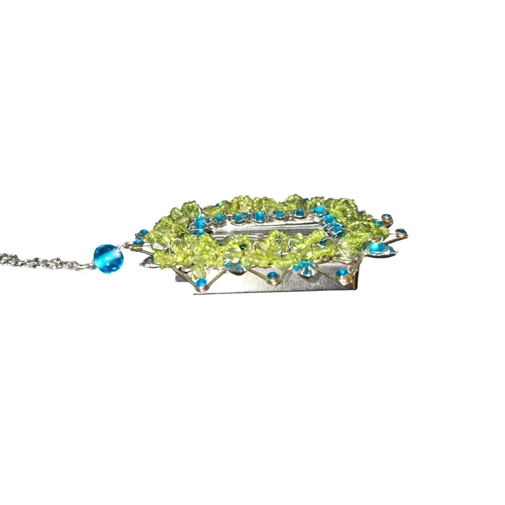 Pier 1 Photo Frame Ornament OS Green‎ Blue Beaded Jeweled Sunburst 6.5
